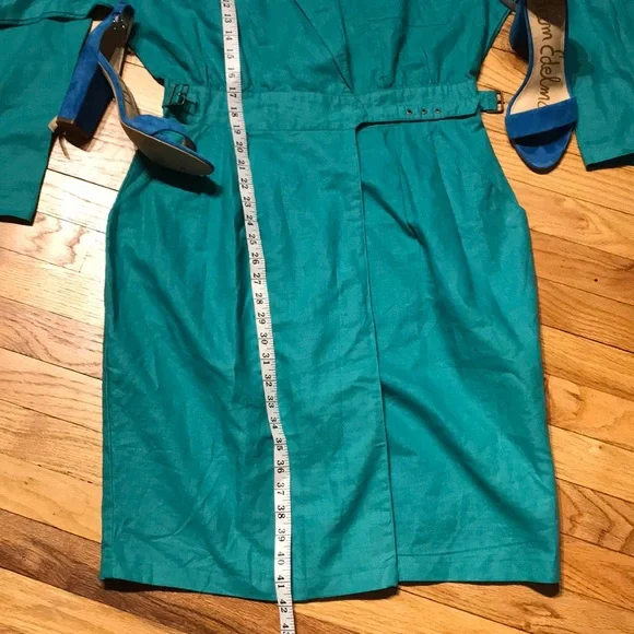 ✈️Nok Nok Vintage Ramie Teal Bodice wrap Overlay shirtdress Shift Sheath Pencil - Picture 13 of 16